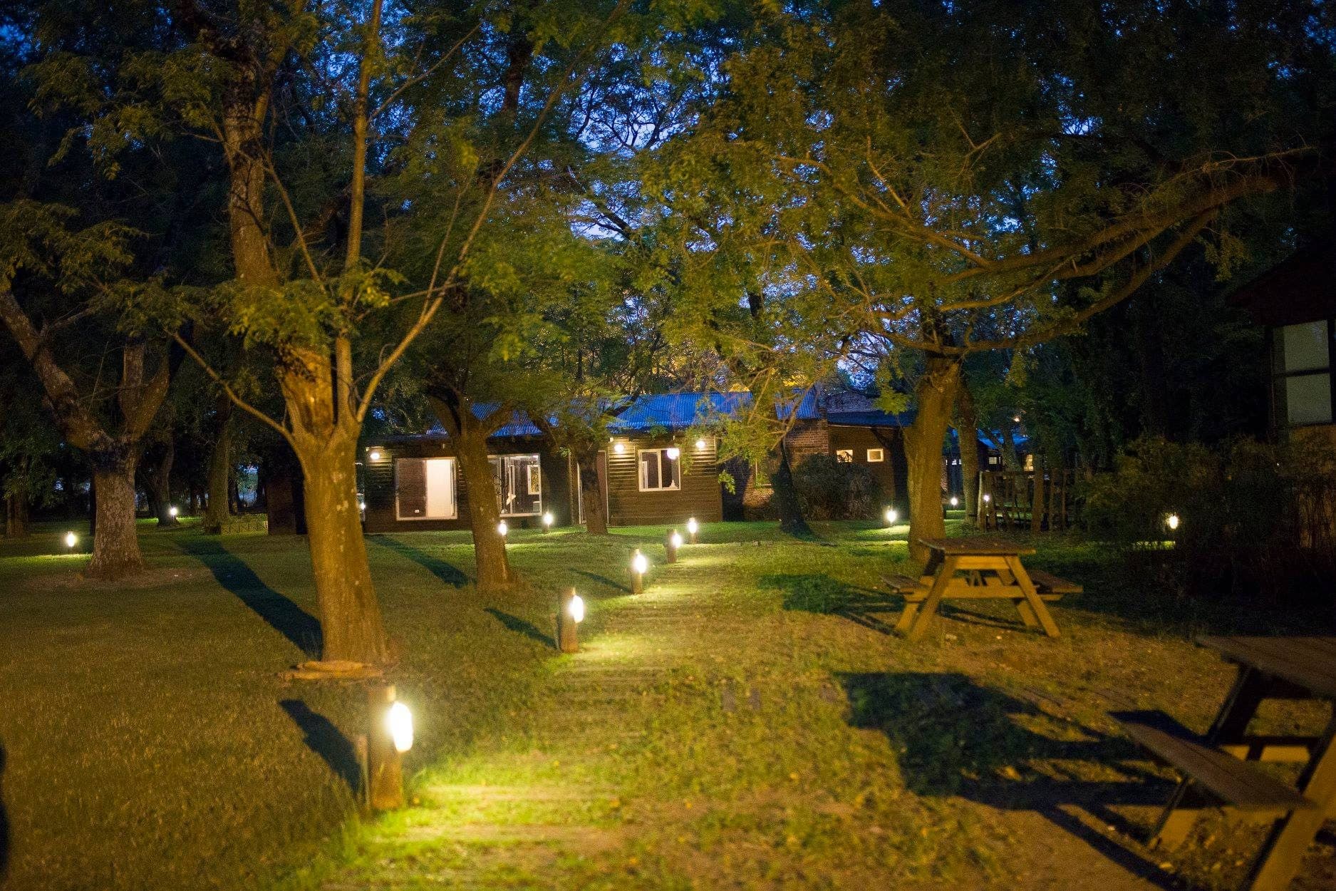 El parque de noche: una senda de luces bajas entre los árboles, mesas de picnic a los costados y las ventanas encendidas al fondo.